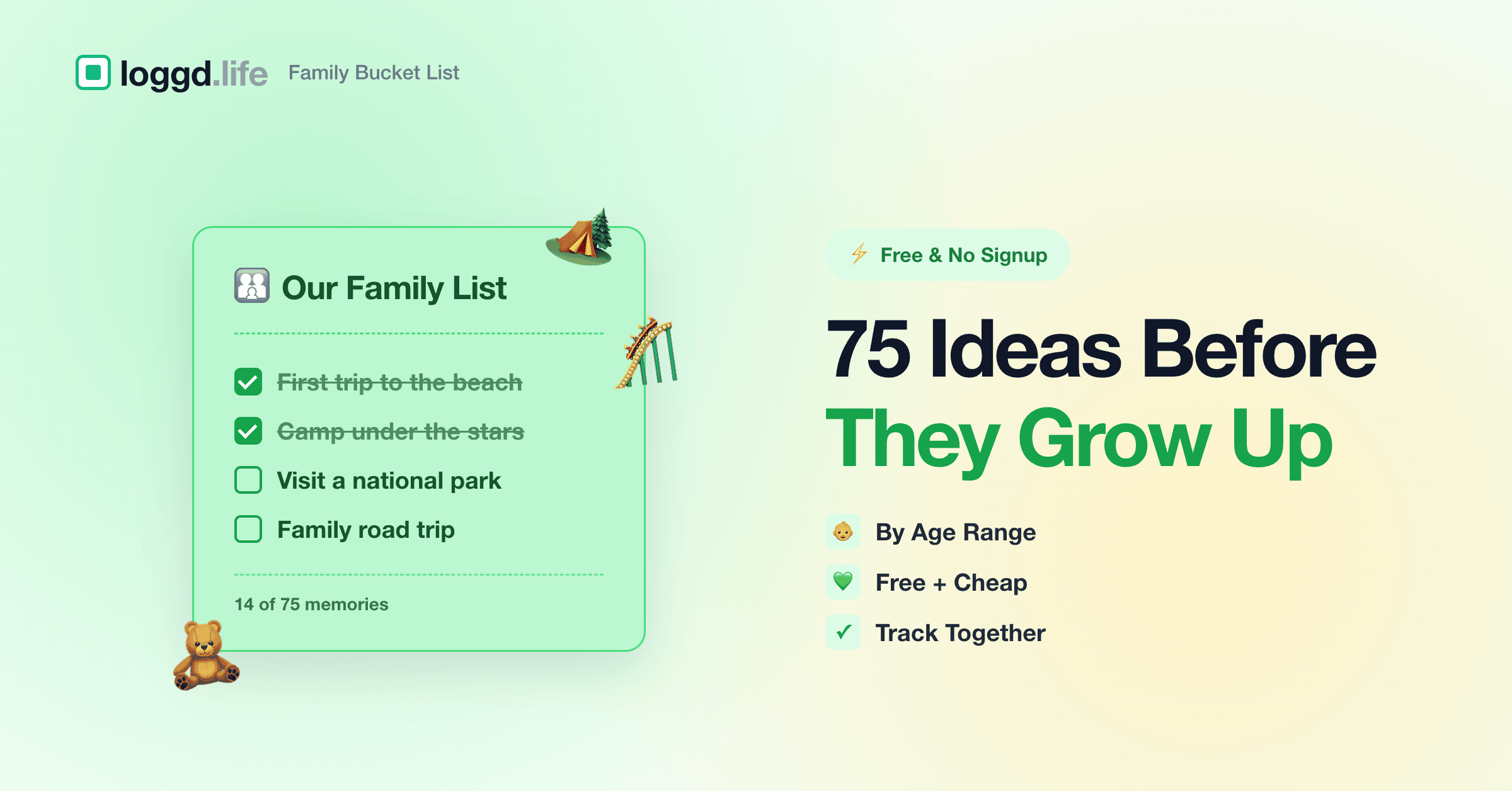 A family bucket list with tent, teddy bear, and beach icons, illustrating shared activities across childhood ages